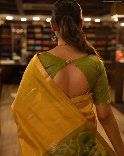 Semi dupion saree mustard yellow and light green with zari woven buttas and zari woven border