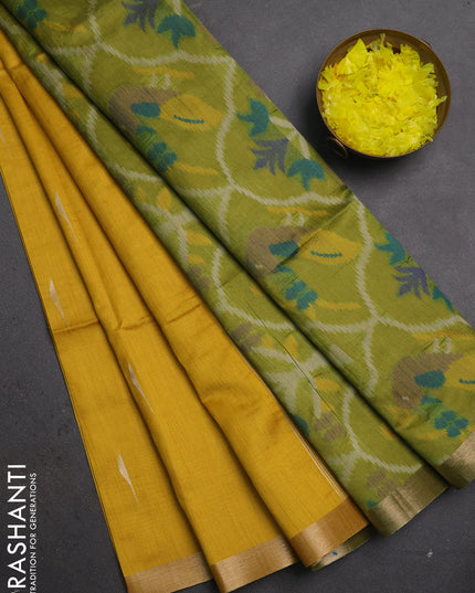 Semi dupion saree mustard yellow and light green with zari woven buttas and zari woven border