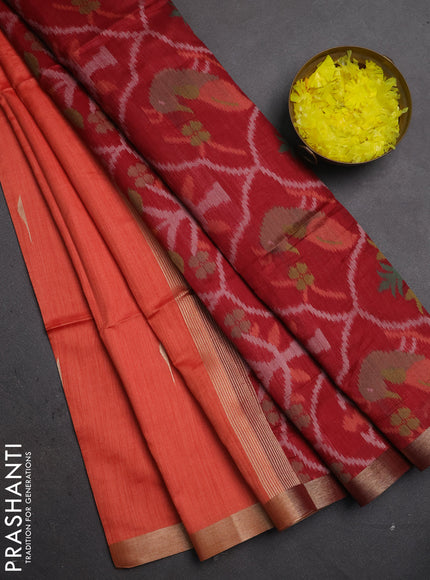 Semi dupion saree orange and maroon with zari woven buttas and zari woven border