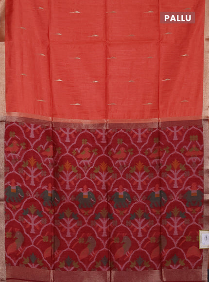 Semi dupion saree orange and maroon with zari woven buttas and zari woven border