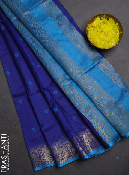 Semi dupion saree blue and cs blue with allover thread woven bandhani buttas and zari woven border