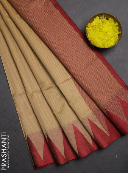 Semi dupion saree beige and maron with allover thread weaves and temple design thread woven border
