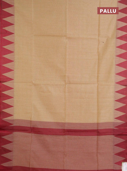 Semi dupion saree beige and maron with allover thread weaves and temple design thread woven border