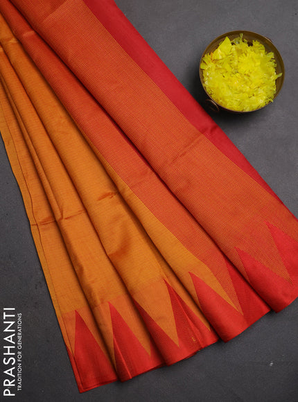 Semi dupion saree mango yellow and orange with allover thread weaves and temple design thread woven border