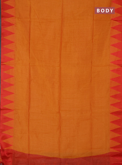 Semi dupion saree mango yellow and orange with allover thread weaves and temple design thread woven border