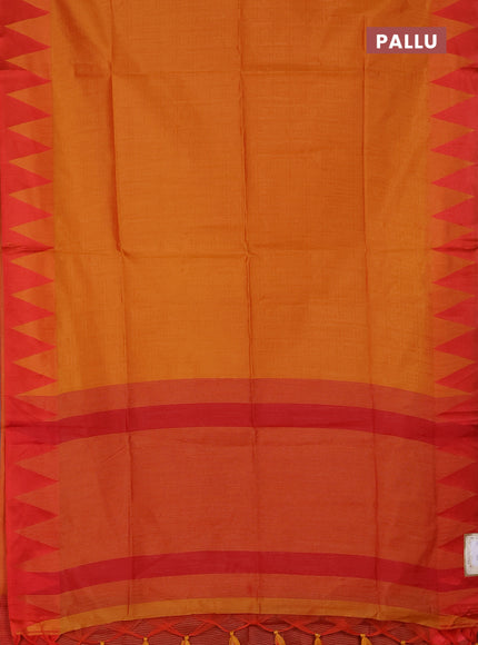 Semi dupion saree mango yellow and orange with allover thread weaves and temple design thread woven border