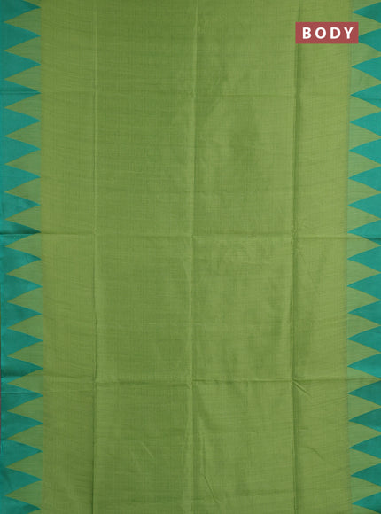 Semi dupion saree light green and green with allover thread weaves and temple design thread woven border