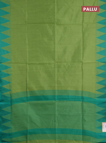 Semi dupion saree light green and green with allover thread weaves and temple design thread woven border