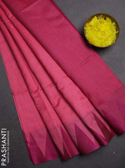 Semi dupion saree peach pink and magenta pink with allover thread weaves and temple design thread woven border