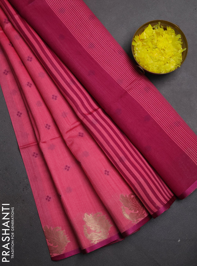 Semi dupion saree pink and magenta pink with allover thread woven bandhani buttas and zari woven border