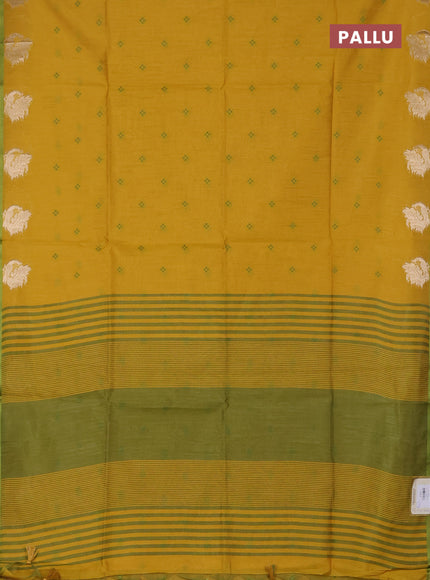 Semi dupion saree mustard yellow and light green with allover thread woven bandhani buttas and zari woven border
