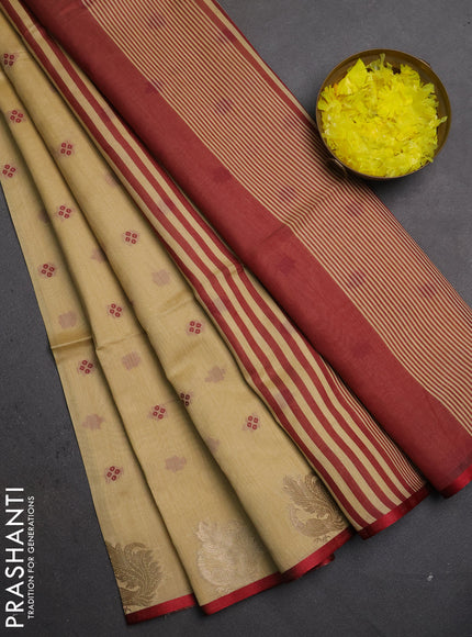 Semi dupion saree beige and maroon with allover thread woven bandhani buttas and zari woven border