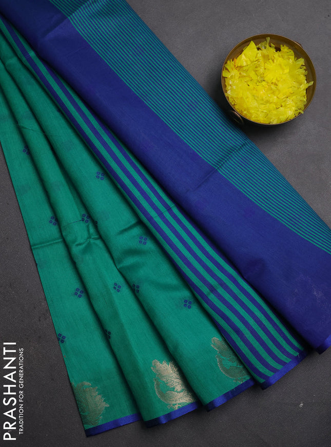 Semi dupion saree teal green and blue with allover thread woven bandhani buttas and zari woven border