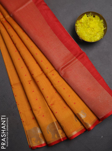 Semi dupion saree mango yellow and orange with allover thread woven bandhani buttas and zari woven butta border