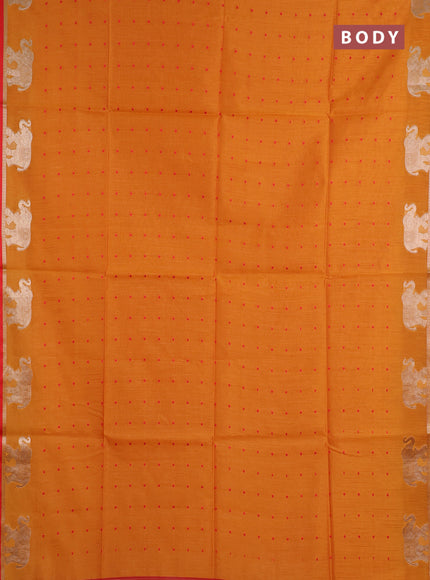 Semi dupion saree mango yellow and orange with allover thread woven bandhani buttas and zari woven butta border
