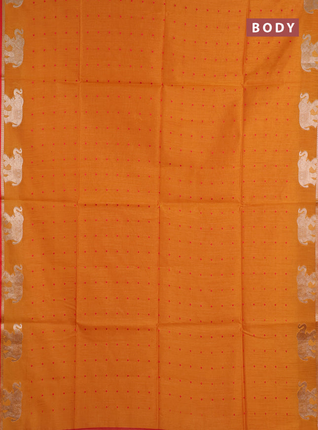 Semi dupion saree mango yellow and orange with allover thread woven bandhani buttas and zari woven butta border