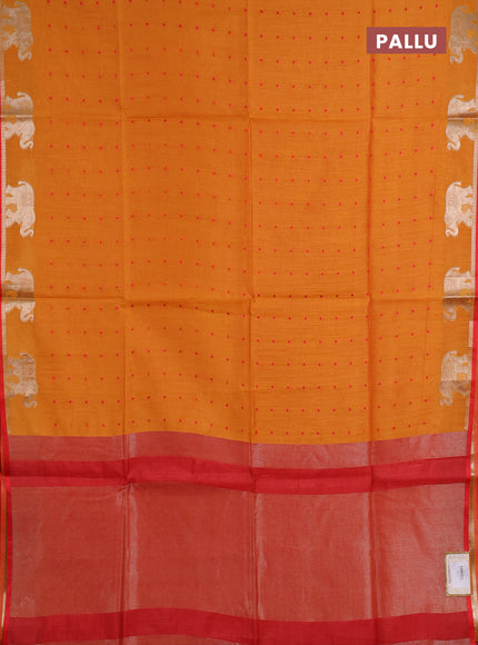 Semi dupion saree mango yellow and orange with allover thread woven bandhani buttas and zari woven butta border