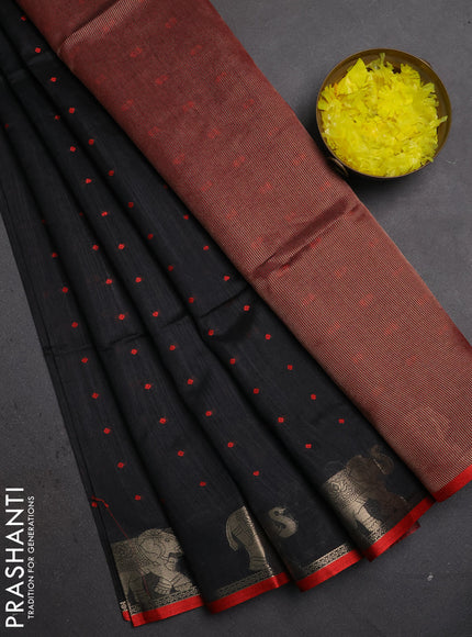 Semi dupion saree black and red with allover thread woven bandhani buttas and zari woven butta border