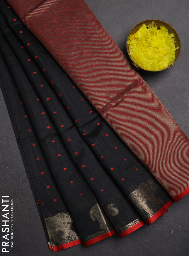 Semi dupion saree black and red with allover thread woven bandhani buttas and zari woven butta border