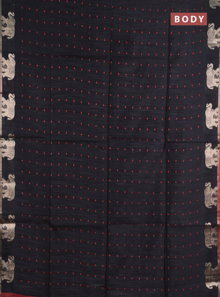 Semi dupion saree black and red with allover thread woven bandhani buttas and zari woven butta border