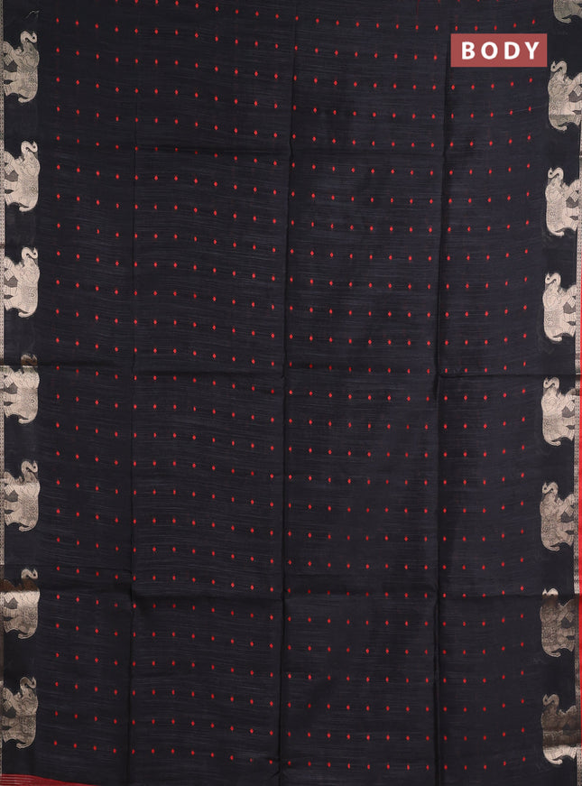 Semi dupion saree black and red with allover thread woven bandhani buttas and zari woven butta border