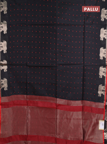 Semi dupion saree black and red with allover thread woven bandhani buttas and zari woven butta border