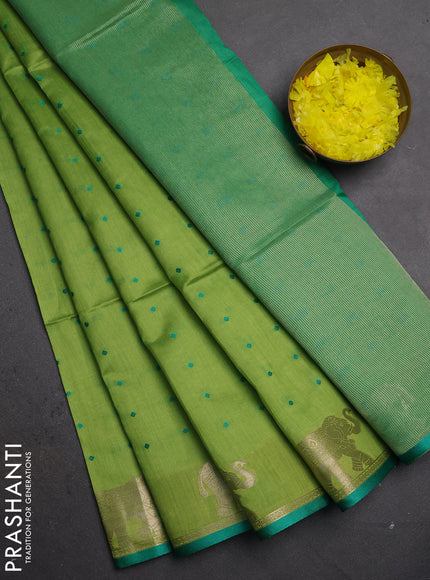 Semi dupion saree light green and green with allover thread woven bandhani buttas and zari woven butta border