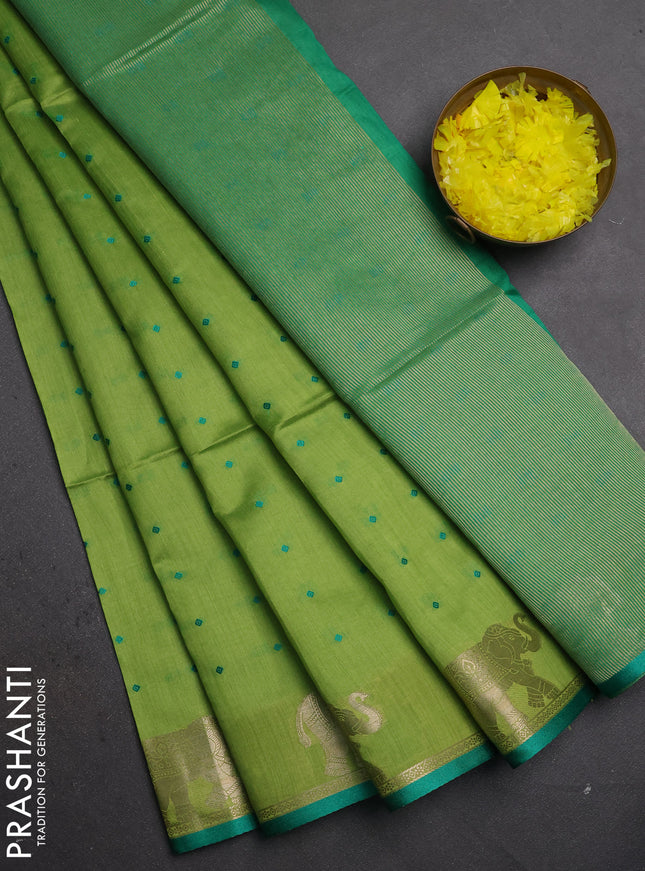 Semi dupion saree light green and green with allover thread woven bandhani buttas and zari woven butta border