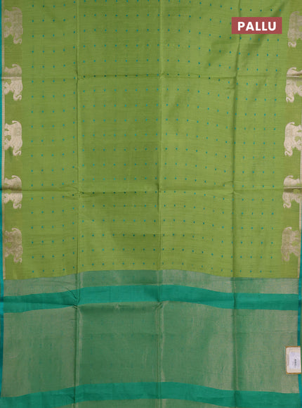 Semi dupion saree light green and green with allover thread woven bandhani buttas and zari woven butta border