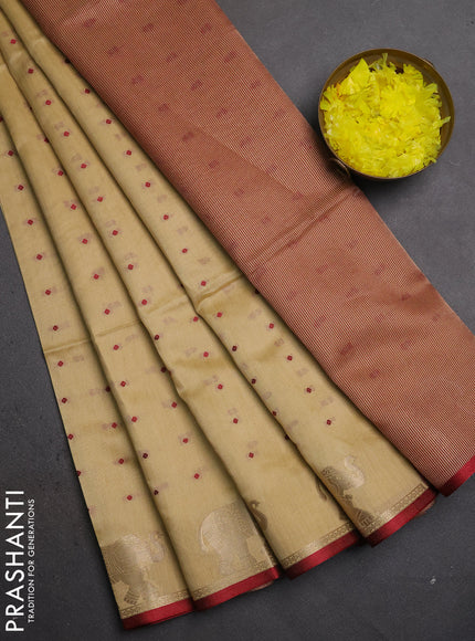 Semi dupion saree beige and maroon with allover thread woven bandhani buttas and zari woven butta border