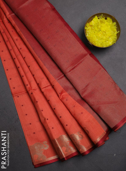 Semi dupion saree rust shade and maroon with allover thread woven bandhani buttas and zari woven butta border