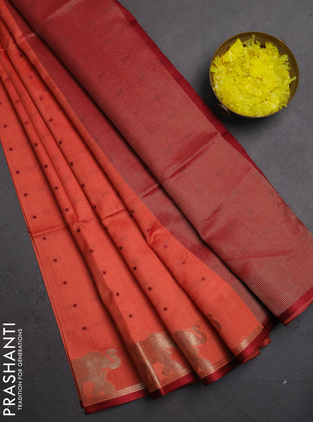 Semi dupion saree rust shade and maroon with allover thread woven bandhani buttas and zari woven butta border