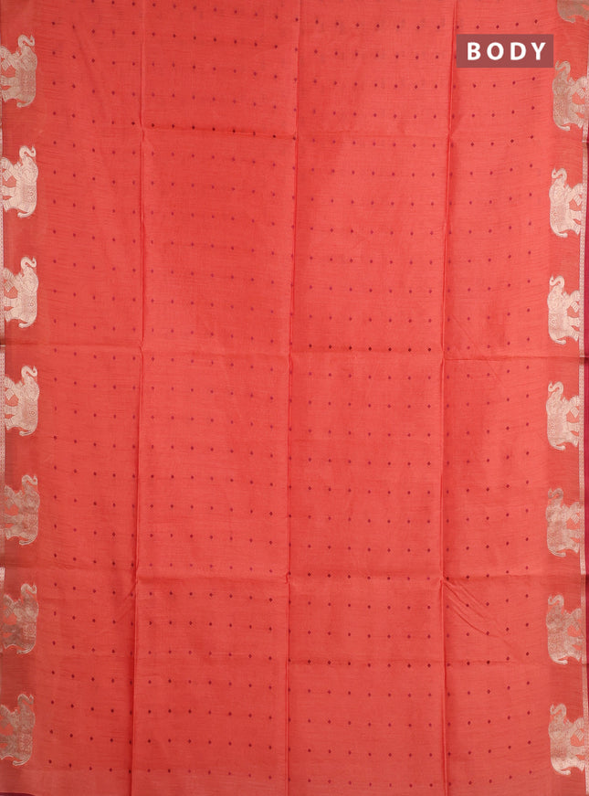 Semi dupion saree rust shade and maroon with allover thread woven bandhani buttas and zari woven butta border