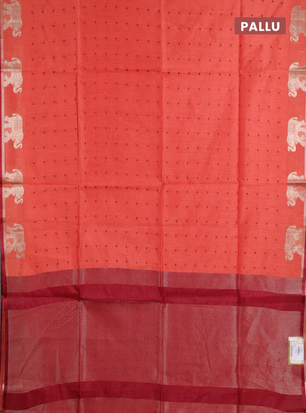 Semi dupion saree rust shade and maroon with allover thread woven bandhani buttas and zari woven butta border