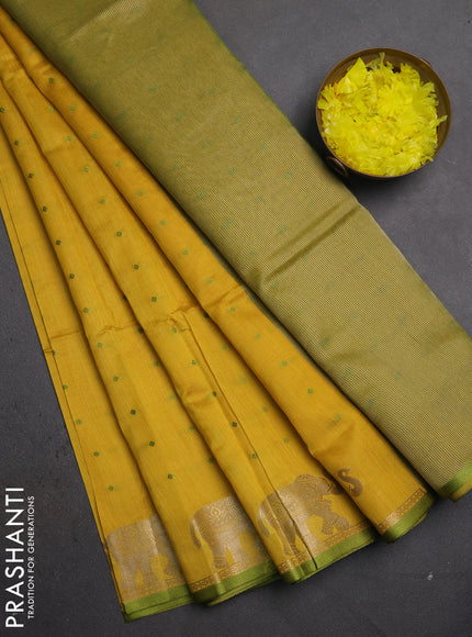 Semi dupion saree mustard yellow and light green with allover thread woven bandhani buttas and zari woven butta border