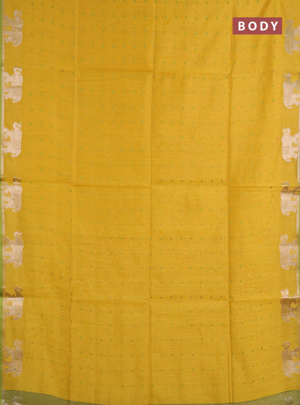Semi dupion saree mustard yellow and light green with allover thread woven bandhani buttas and zari woven butta border
