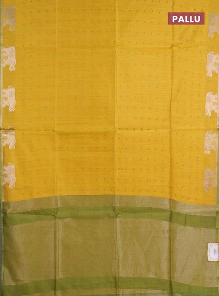 Semi dupion saree mustard yellow and light green with allover thread woven bandhani buttas and zari woven butta border