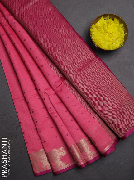 Semi dupion saree pink and magenta pink with allover thread woven bandhani buttas and zari woven butta border