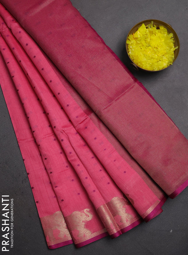 Semi dupion saree pink and magenta pink with allover thread woven bandhani buttas and zari woven butta border