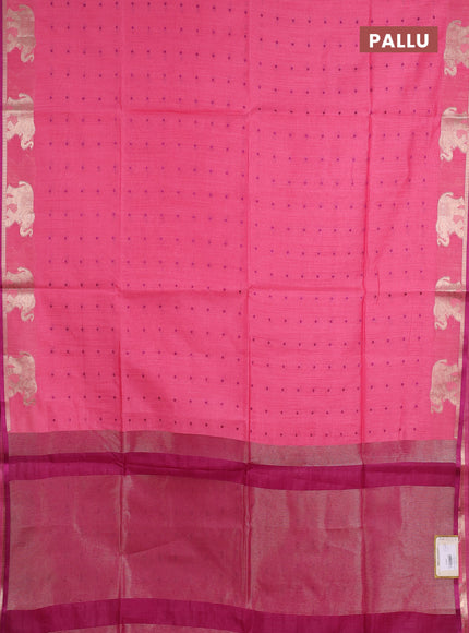 Semi dupion saree pink and magenta pink with allover thread woven bandhani buttas and zari woven butta border