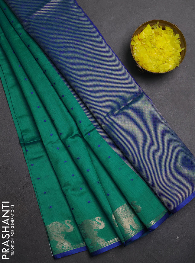 Semi dupion saree teal green and blue with allover thread woven bandhani buttas and zari woven butta border
