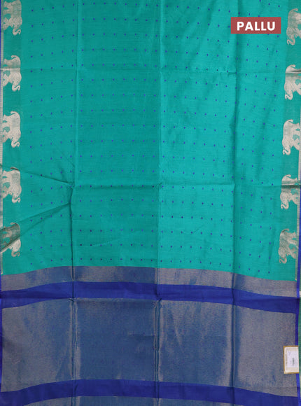 Semi dupion saree teal green and blue with allover thread woven bandhani buttas and zari woven butta border