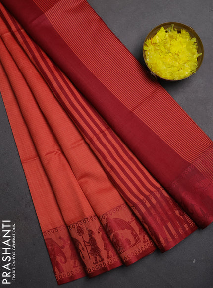 Semi dupion saree rust shade and maroon with allover thread weaves and thread woven border