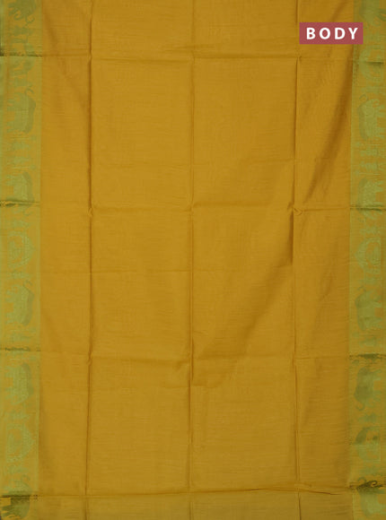 Semi dupion saree mustard yellow and light green with allover thread weaves and thread woven border
