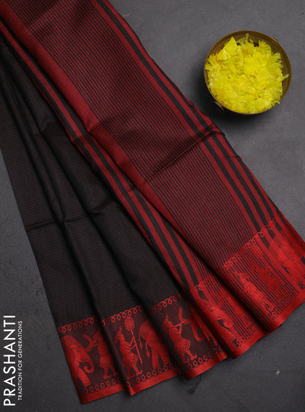 Semi dupion saree black and red with allover thread weaves and thread woven border