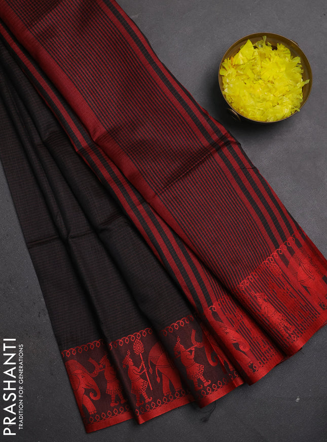 Semi dupion saree black and red with allover thread weaves and thread woven border