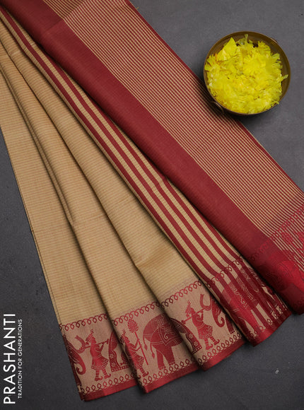 Semi dupion saree beige and maroon with allover thread weaves and thread woven border