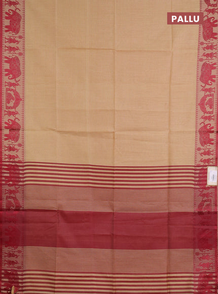 Semi dupion saree beige and maroon with allover thread weaves and thread woven border