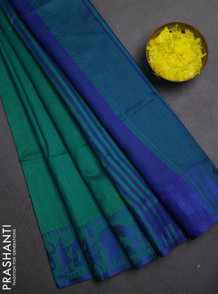 Semi dupion saree real green and blue with allover thread weaves and thread woven border