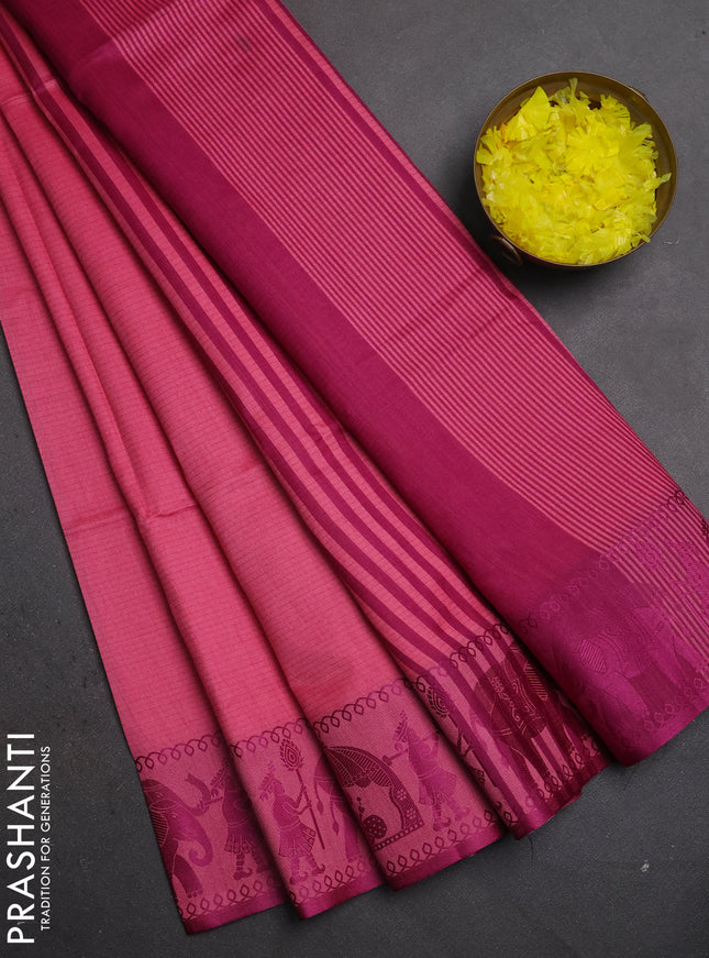 Semi dupion saree pink and magenta pink with allover thread weaves and thread woven border